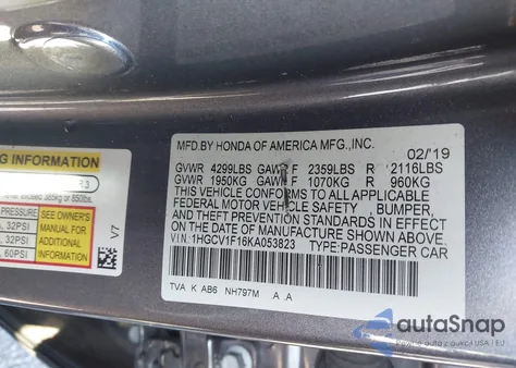 2019 Honda Accord Lx z USA, uszkodzony, nr VIN 1HGCV1F16KA053823